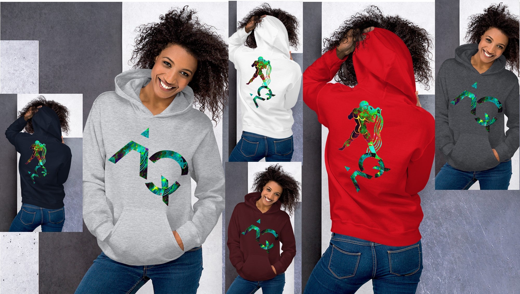 Hoodie for Girls-black, white, blue, pink, grey. Aquarius Star Sign. WickedYo.